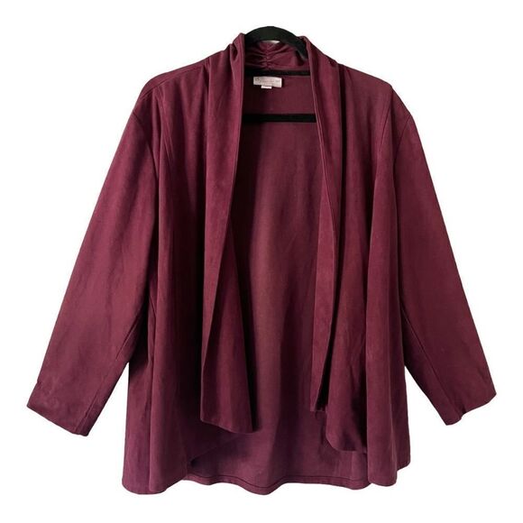 Dress Barn Plus Size Burgundy Faux Suede Draped Open Front Cardigan Size 1X - Picture 1 of 7